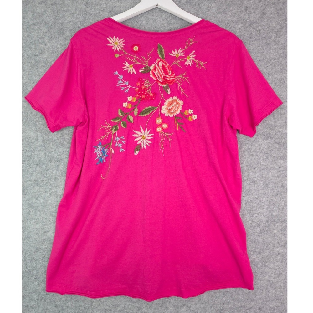 Johnny Was Catalina Everyday Tee Women L Cotton Pink Floral Embroidered V-Neck - Picture 2 of 6